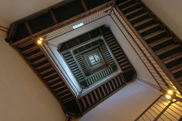 Looking up the stairs from the bottom